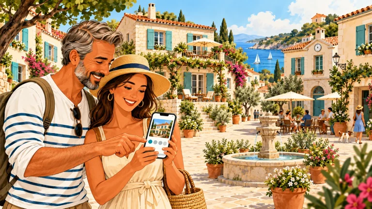 Deux voyageurs consultent un logement sur un téléphone dans un village touristique.