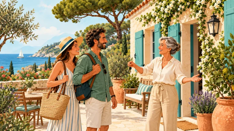 Une propriétaire accueille des voyageurs devant sa maison de vacances.