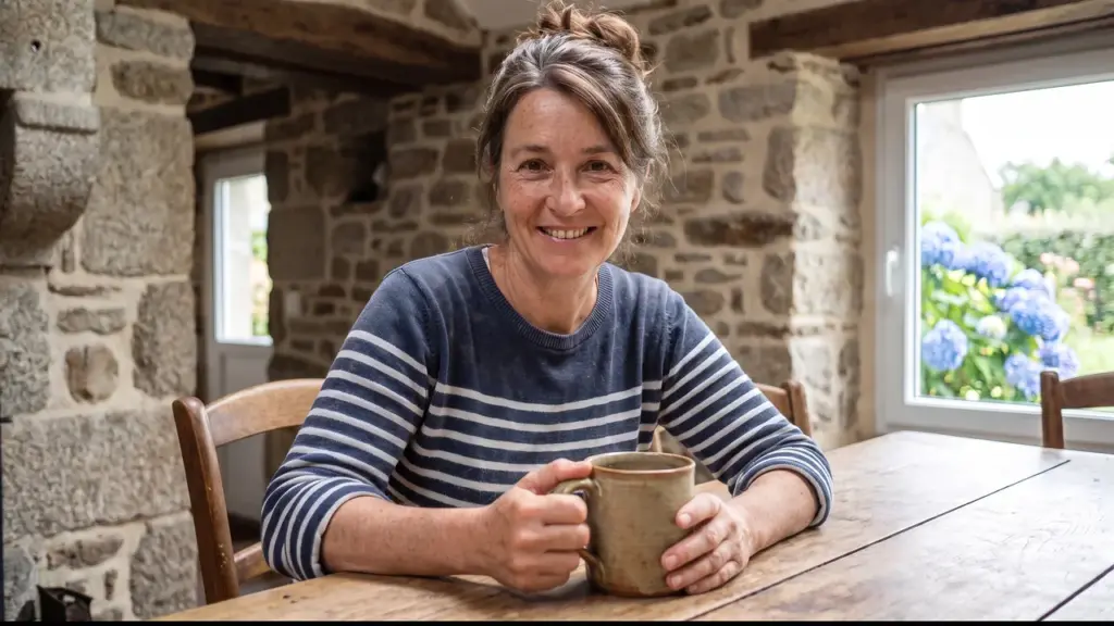 Claire, propriétaire, dans son gîte en granit du Morbihan