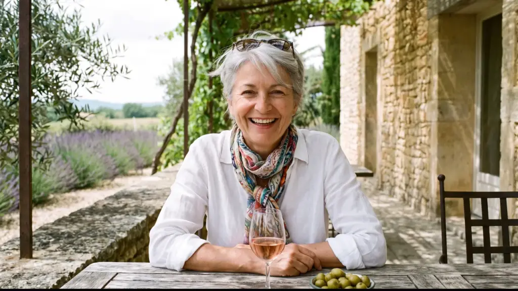 Sophie, propriétaire, sur la terrasse de son mas du Luberon
