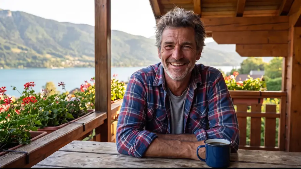 Jean, propriétaire, sur le balcon de son chalet au-dessus du lac d’Annecy