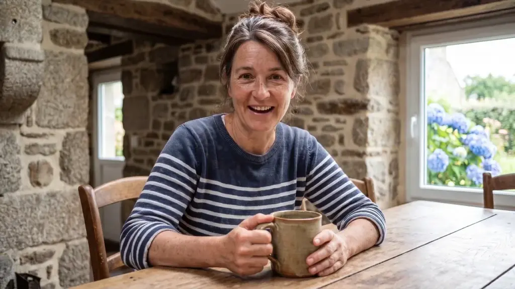 Claire, propriétaire, dans son gîte en granit du Morbihan