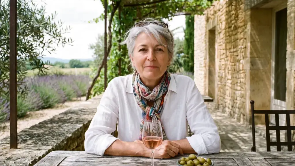 Sophie, propriétaire, sur la terrasse de son mas du Luberon