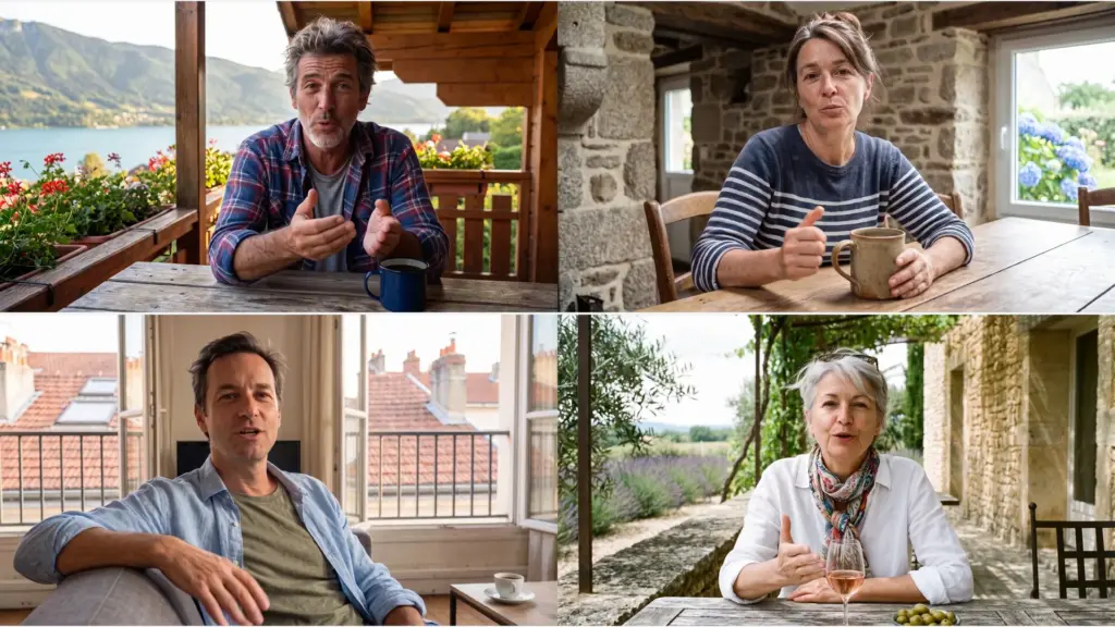 Jean, Claire, Karim et Sophie, propriétaires, chacun chez soi : chalet à Annecy, gîte en Bretagne, appartement à Lyon, mas dans le Luberon