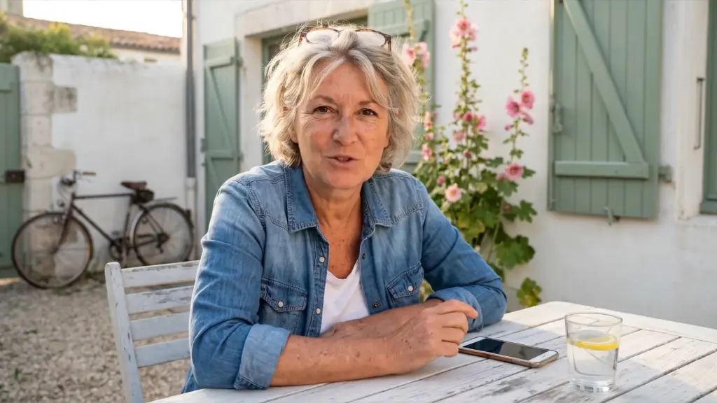 Nathalie, propriétaire d’une maison de pêcheur sur l’île de Ré, dans son jardin, son téléphone sur la table